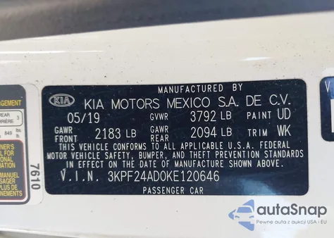 2019 Kia Forte Lxs из США, поврежденный, VIN 3KPF24AD0KE120646